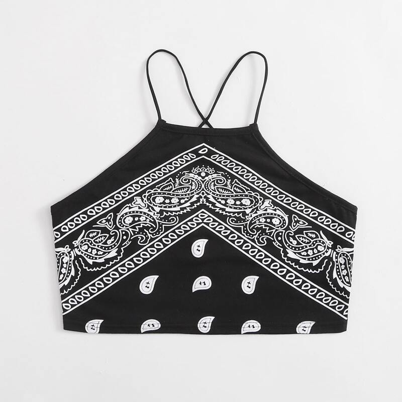

Paisley Halter Crop Top, Black and white