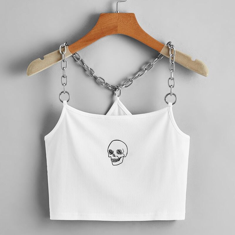 

Skull Graphic Chain Crop Cami, White