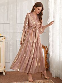 Modelyn 交叉領荷葉邊下擺腰帶洋裝 - 粉色 - 查看 1