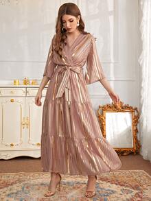 Modelyn 交叉領荷葉邊下擺腰帶洋裝 - 粉色 - 查看 4