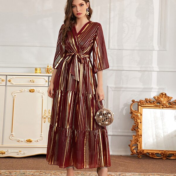 

Платье с поясом и v-образным воротником, Многоцветный