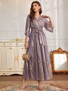 Modelyn Vestido con cinturón bajo fruncido de cuello cruzado - Multicolor - Ver 4