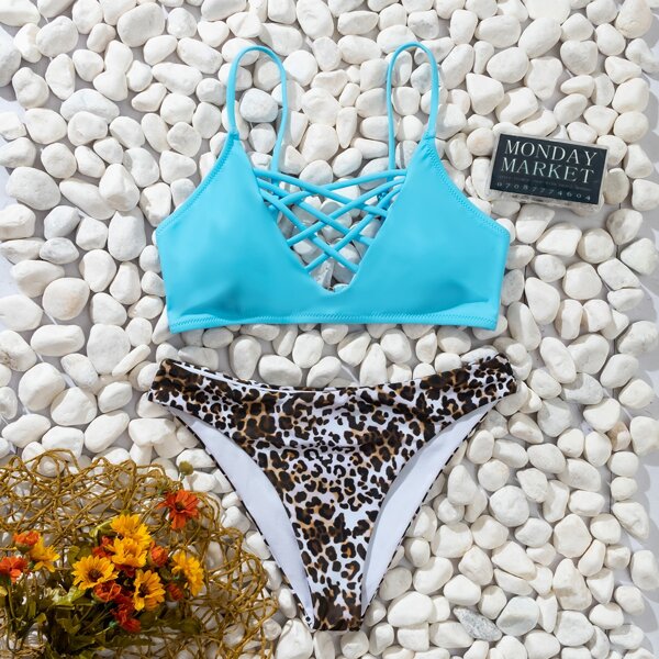 

Leopard Lattice Bikini Swimsuit, Multicolor