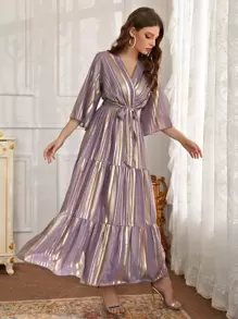 Modelyn Vestido con cinturón bajo fruncido de cuello cruzado - Multicolor - Ver 6