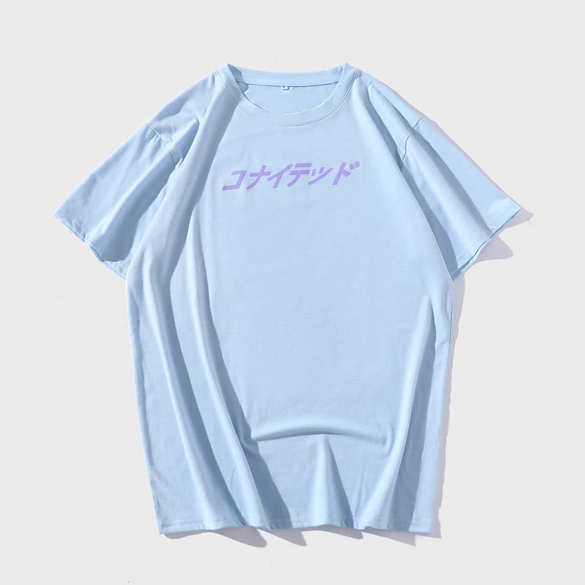 

Men Japanese Letter Graphic Tee, Baby blue
