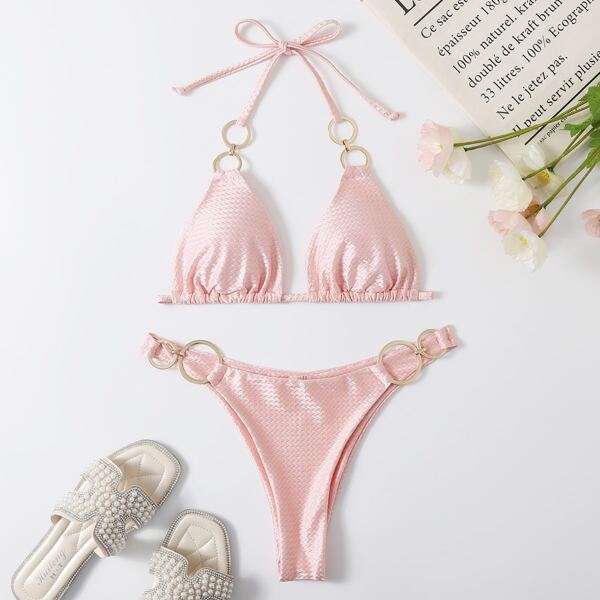 

Metallic Ring Linked Halter Bikini Swimsuit, Baby pink