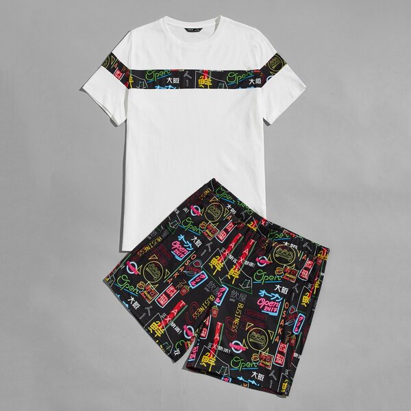 

Men Letter Graphic Top & Shorts PJ Set, Multicolor