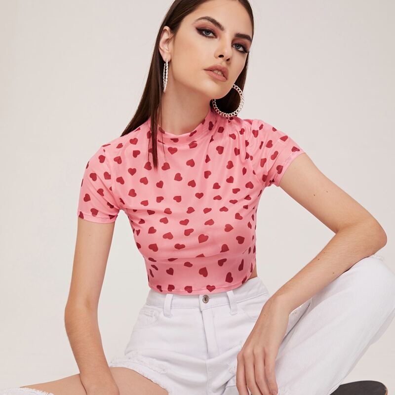 

Allover Heart Print Mesh Crop Top, Coral pink