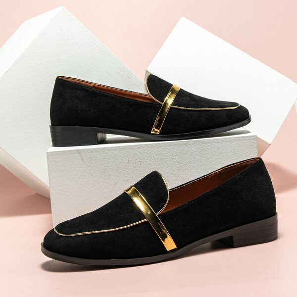 

Metallic Strap Decor Suede Loafers, Black