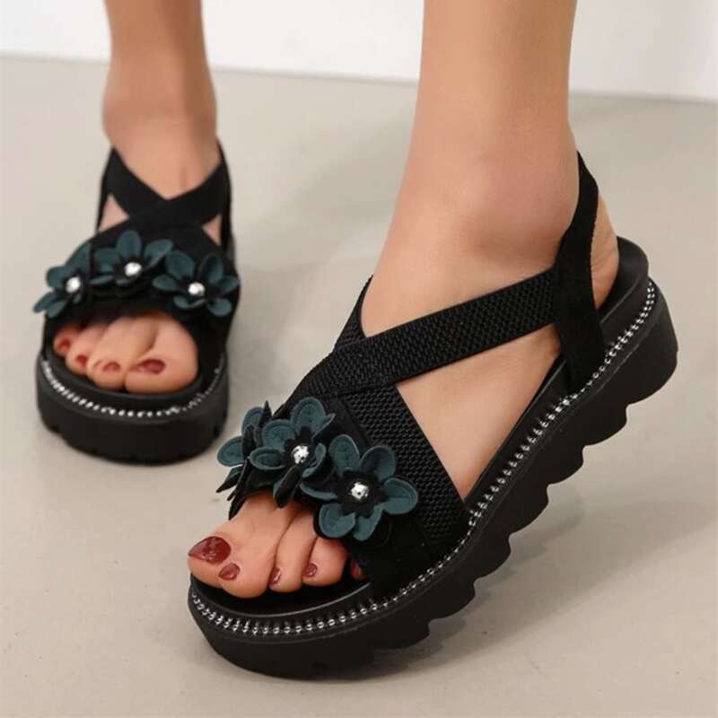 

Floral Applique Slingback Sandals, Black