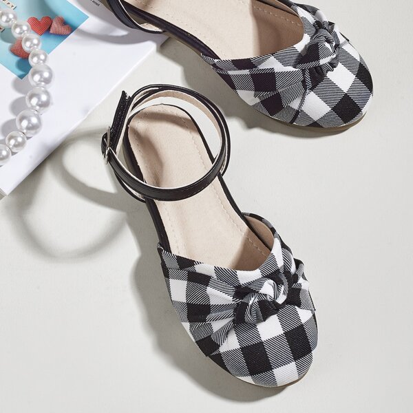 

Toddler Girls Knot Decor Gingham Flats, Black and white