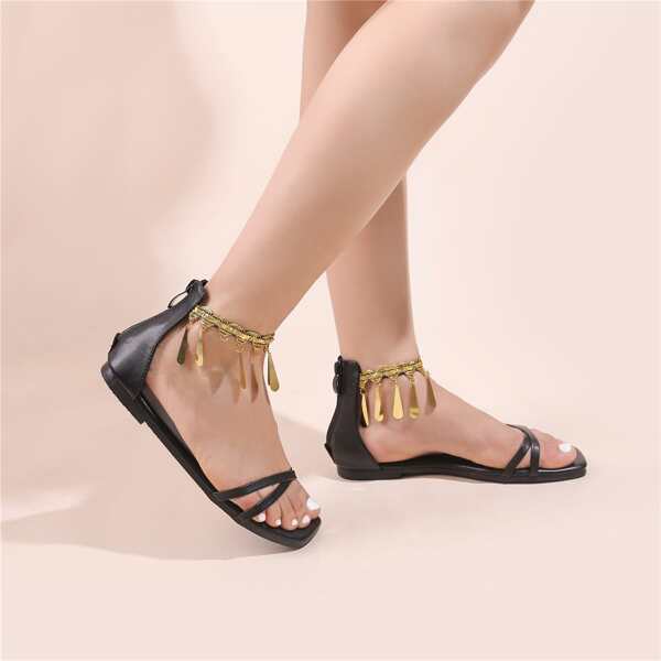 

Metal Fringe Charm Flat Sandals, Black