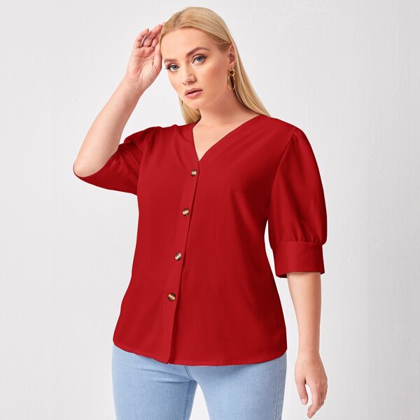 

Plus Button Front Puff Sleeve Blouse, Red