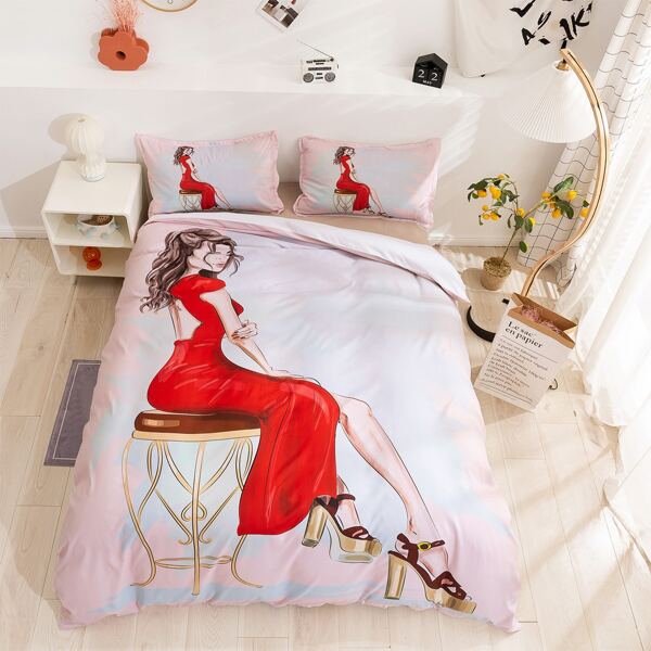 

Cartoon Girl Print Duvet Cover Set Without Filler, Multicolor
