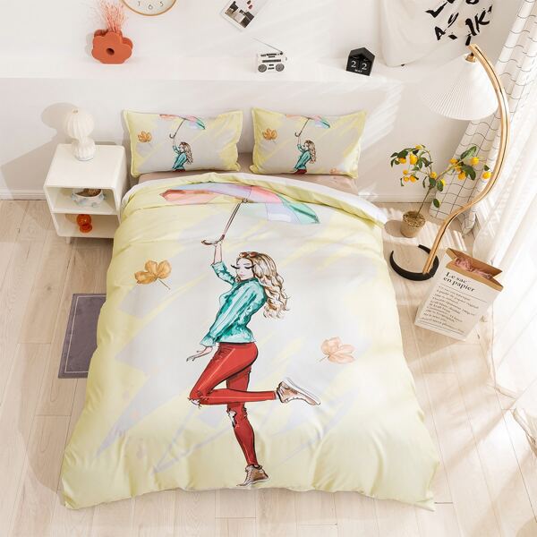 

Cartoon Girl Print Duvet Cover Set Without Filler, Beige