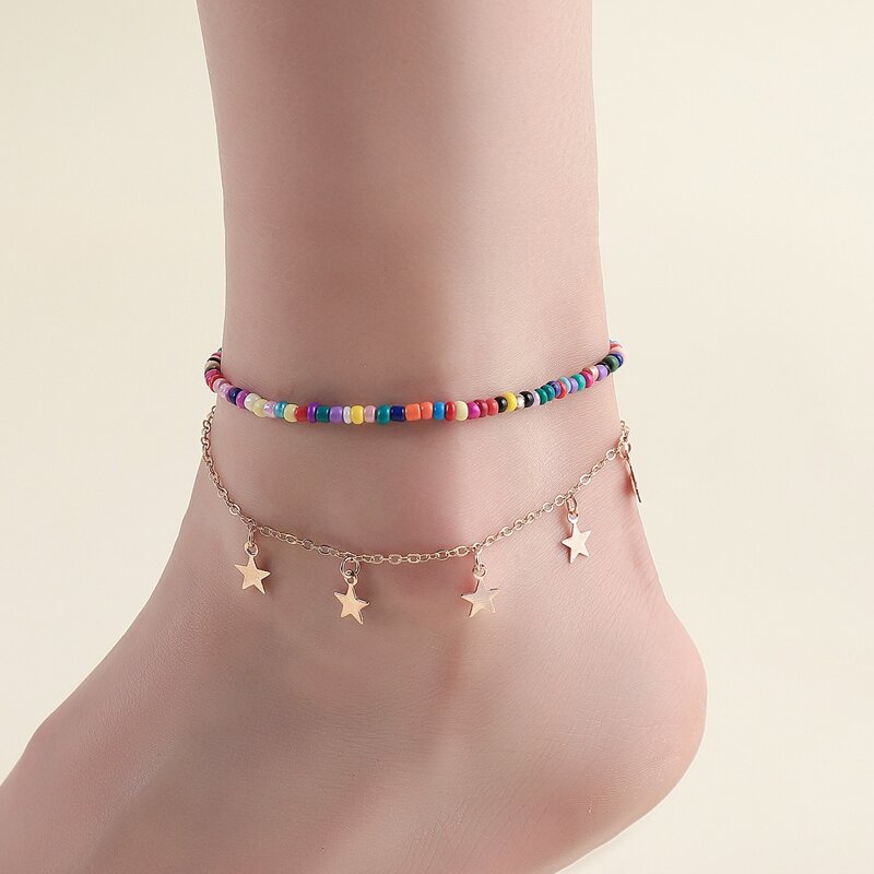 

2pcs Star Charm & Beaded Anklet, Multicolor
