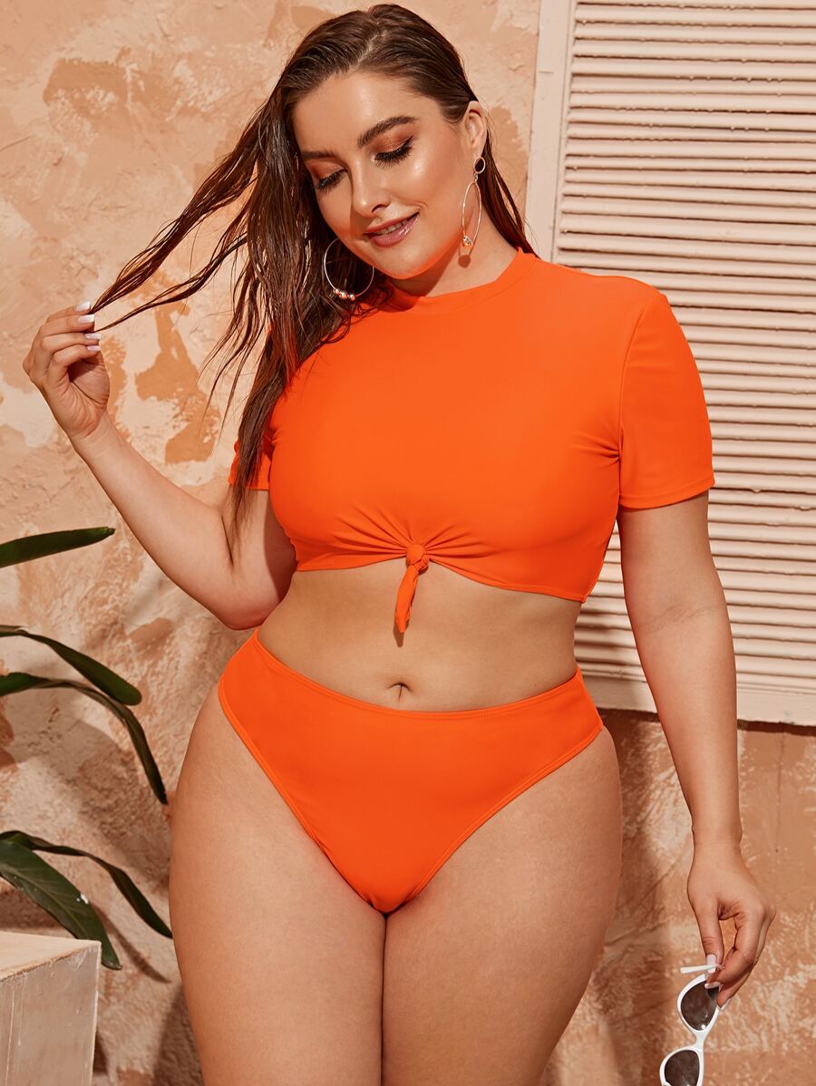 Conjunto de bikini de talle alto con nudo en el bajo, talla grande, para playa de verano - Naranja - Ver 1