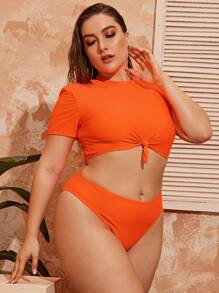 大码结下摆高腰比基尼套装夏季海滩 - 橘色 - 查看 3