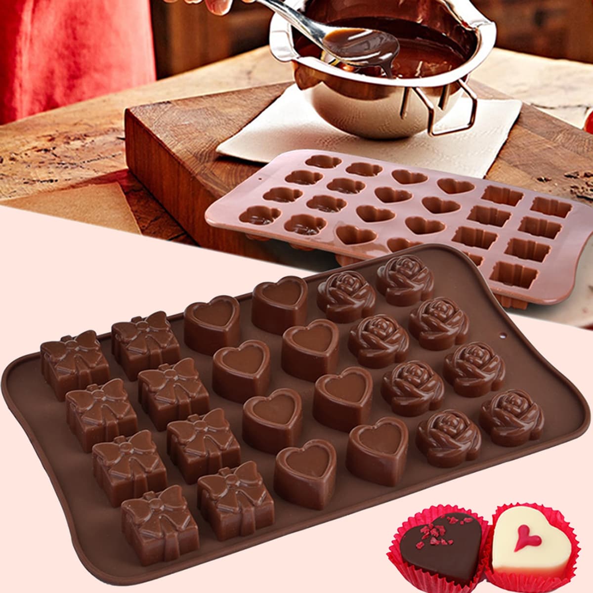 

1pc Rose & Heart Shaped Chocolate Mold, Chocolate brown