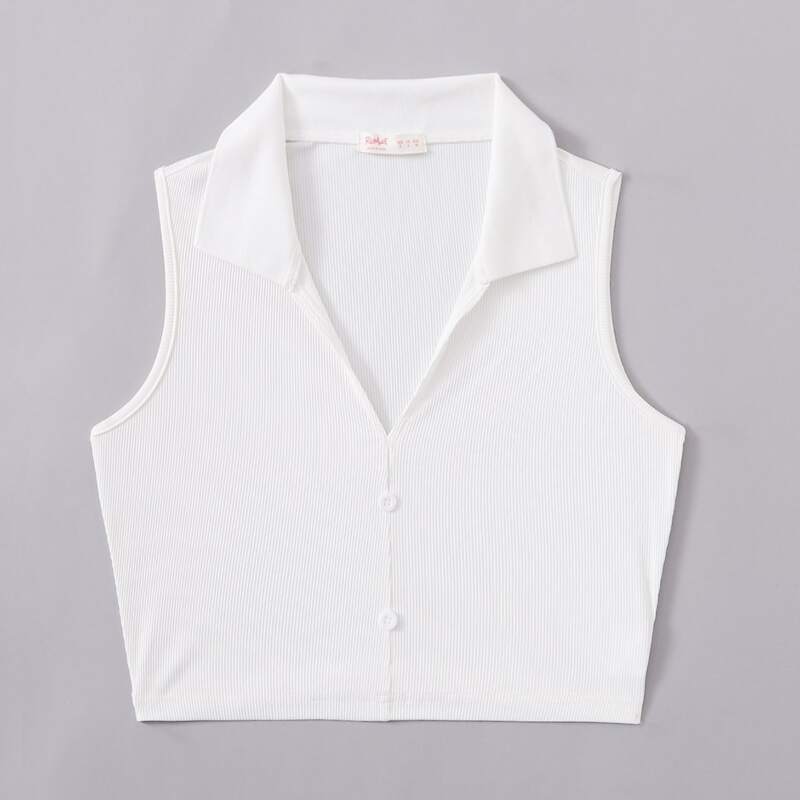 

Solid Button Front Ribbed Tank Top, White