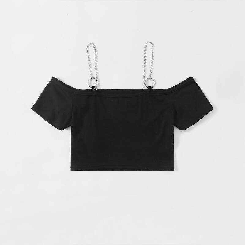 

Solid Chain Ring Decor Crop Top, Black