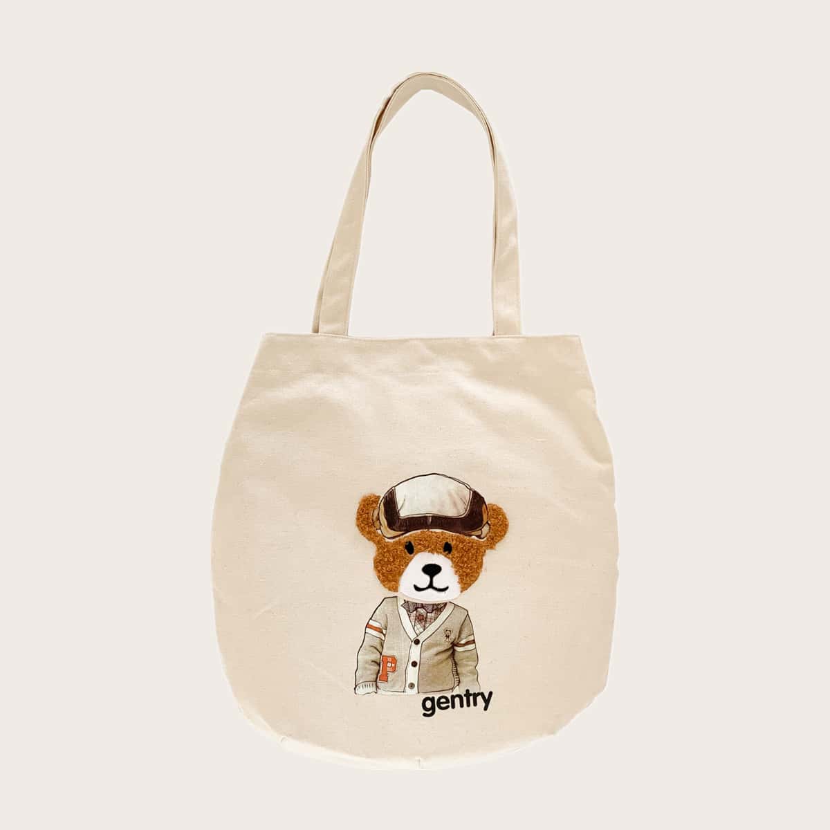

Cartoon Bear Canvas Tote Bag, Beige