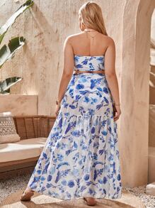 SHEIN Swim Curve 大碼花卉圖案比基尼套裝抹胸上衣和高腰下裝和側繫帶沙灘纏腰式半身裙3入組泳衣 - 藍白色 - 查看 2