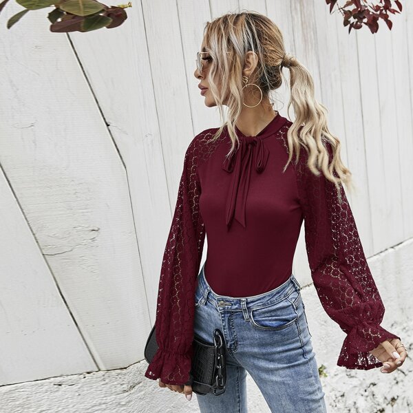 

Contrast Lace Tie Neck Bodysuit, Burgundy