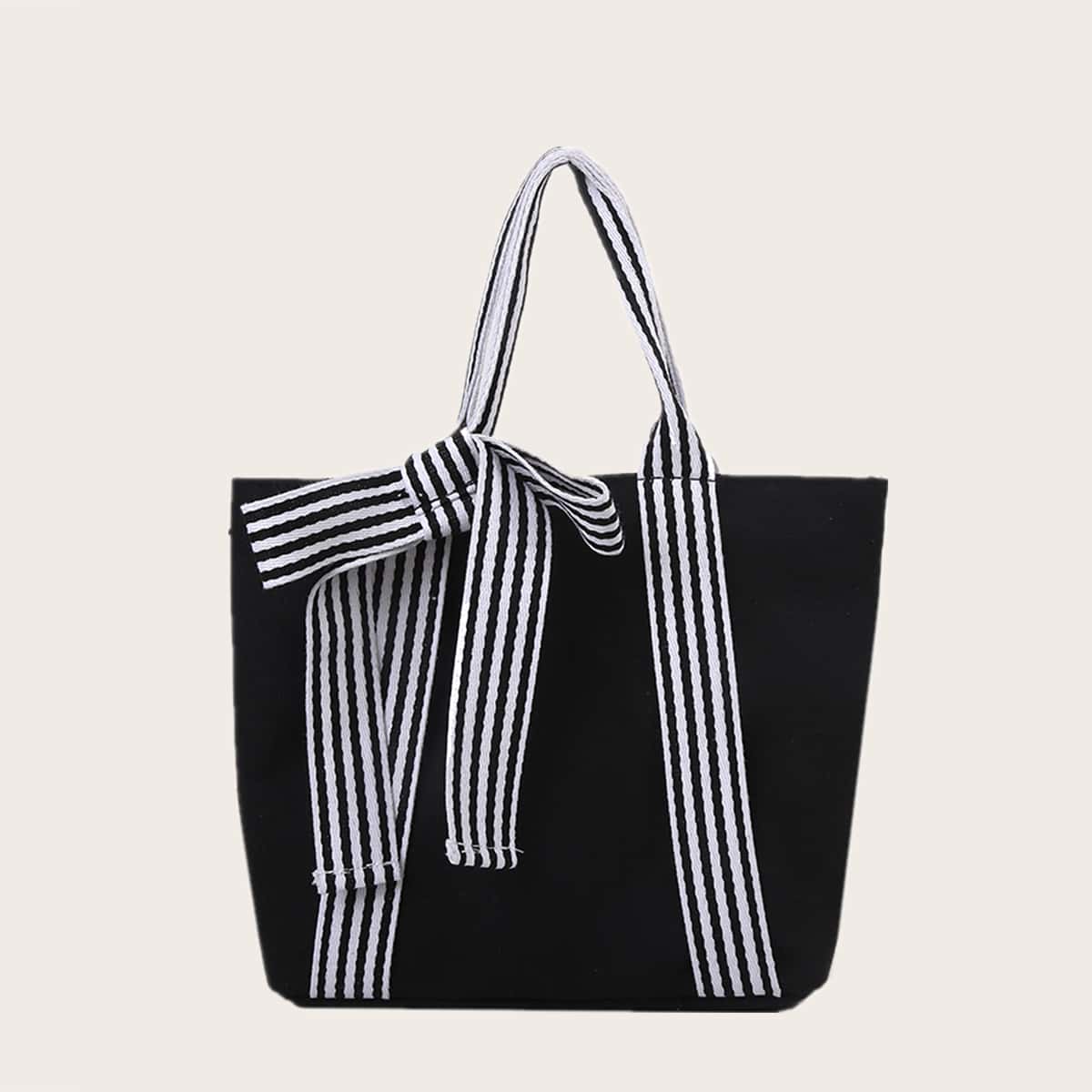 

Striped Knot Strap Tote Bag, Black