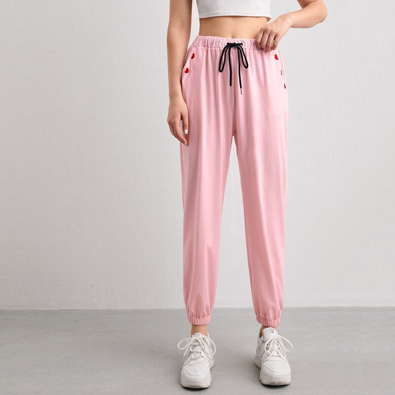 

Heart Embroidery Drawstring Sweatpants, Pink