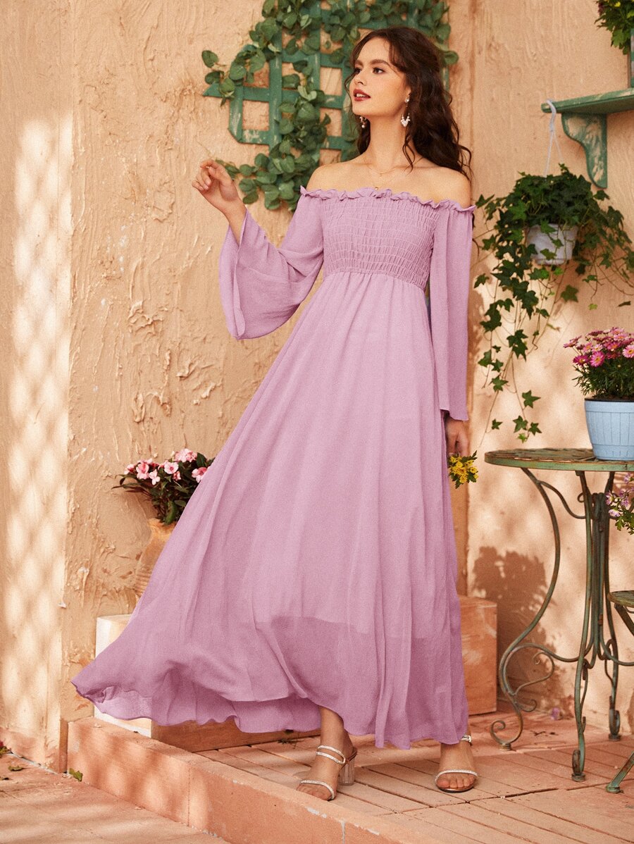Off Shoulder Shirred Bell Sleeve Dress - Baby Pink - View 1