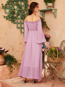 Off Shoulder Shirred Bell Sleeve Dress - Baby Pink - View 2