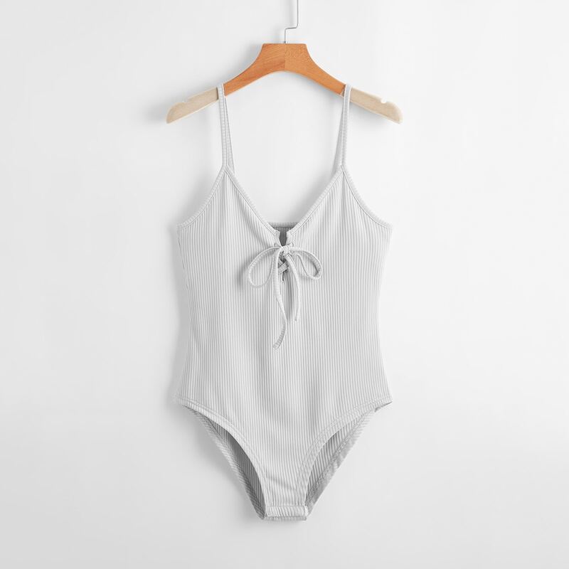

Solid Tie Front Ribbed Bodysuit, Light grey
