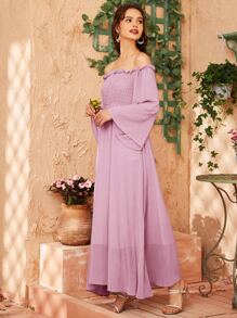Off Shoulder Shirred Bell Sleeve Dress - Baby Pink - View 3