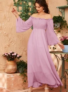 Off Shoulder Shirred Bell Sleeve Dress - Baby Pink - View 4