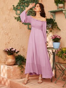 Off Shoulder Shirred Bell Sleeve Dress - Baby Pink - View 5