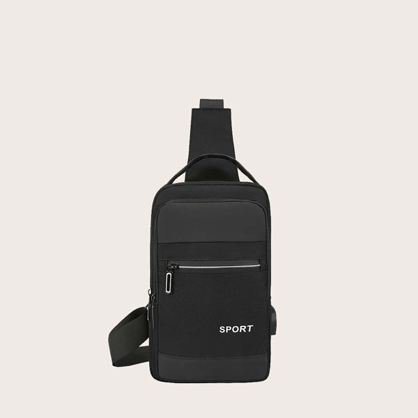 

Men Letter Graphic Zip Front Sling Bag, Black