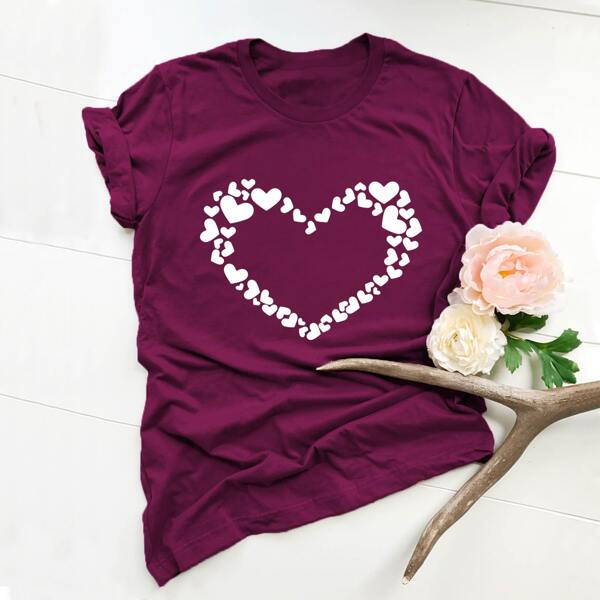 

Heart Print Crew Neck Tee, Purple