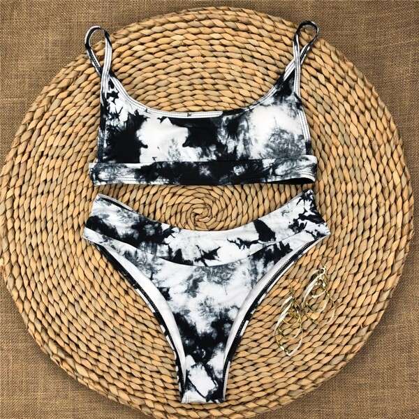 

Tie Dye High Cut Bikini Swimsuit, Black and white
