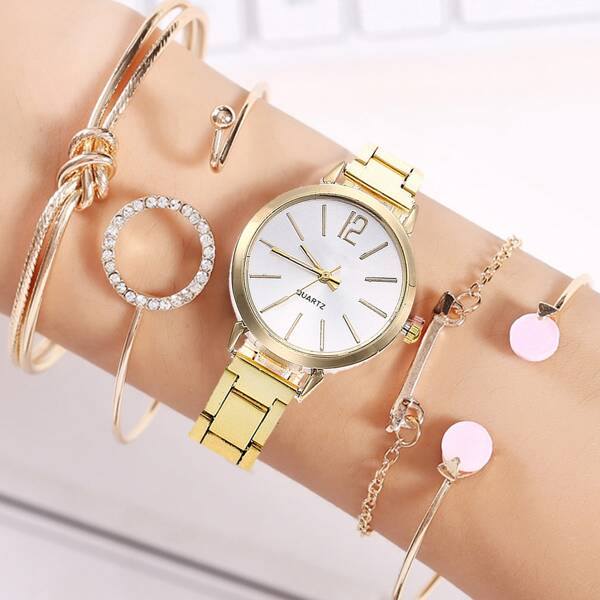 

1pc Round Pointer Quartz Watch & 4pcs Bracelet