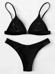 Conjunto de bikini sólido de corte alto para vacaciones en la playa de verano - Negro - Ver 2