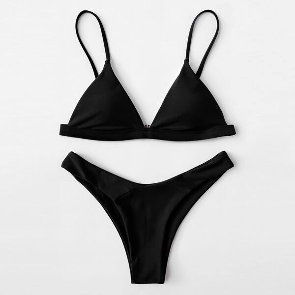 

Solid High Cut Bikini Swimsuit, Black