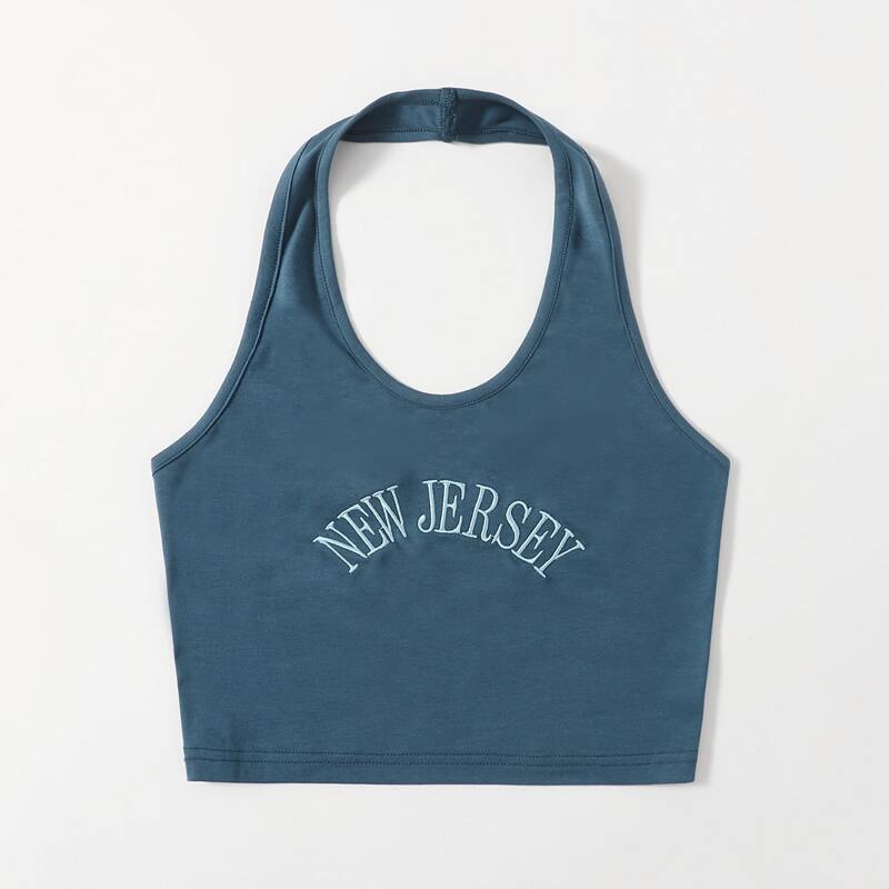 

Letter Embroidery Halter Crop Top, Dusty blue