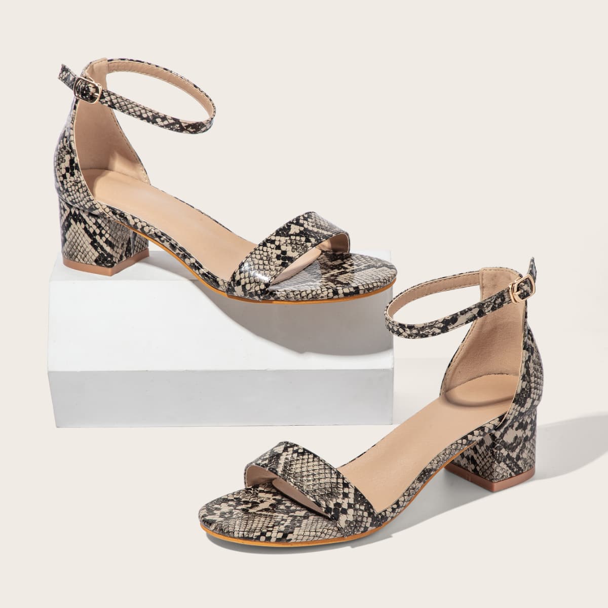 

Snakeskin Ankle Strap Chunky Heeled Sandals, Multicolor