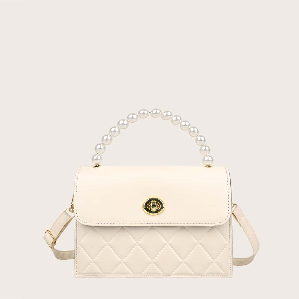 

Faux Pearl Handle Quilted Satchel Bag, Beige