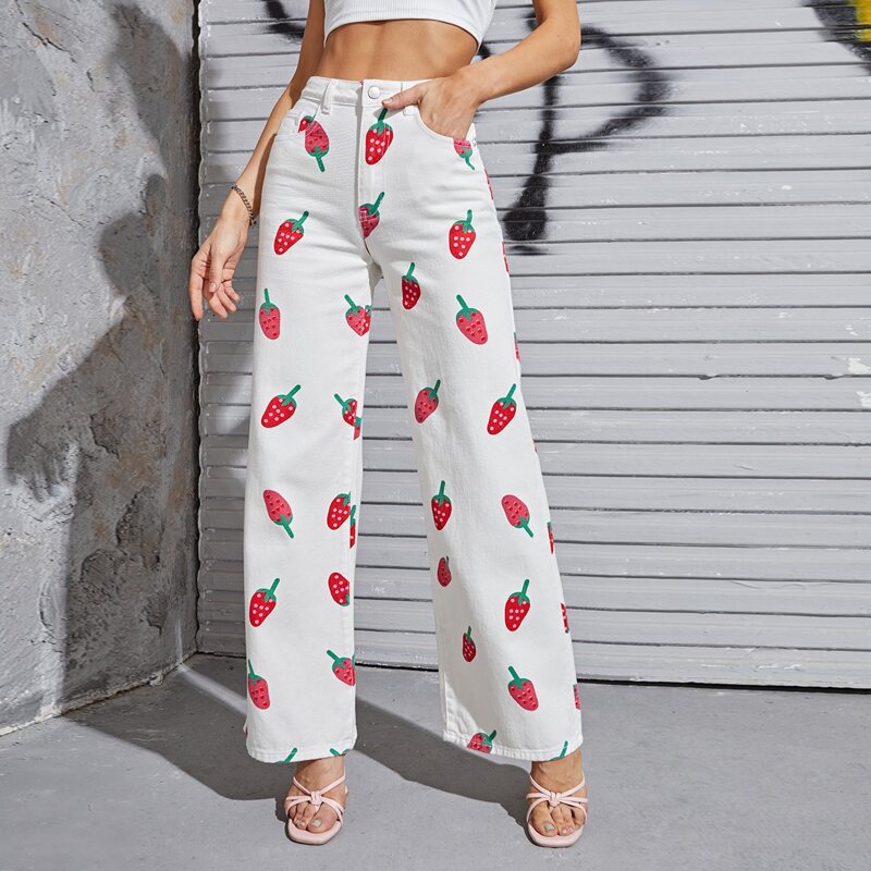 

High Waisted Strawberry Print Jeans, White