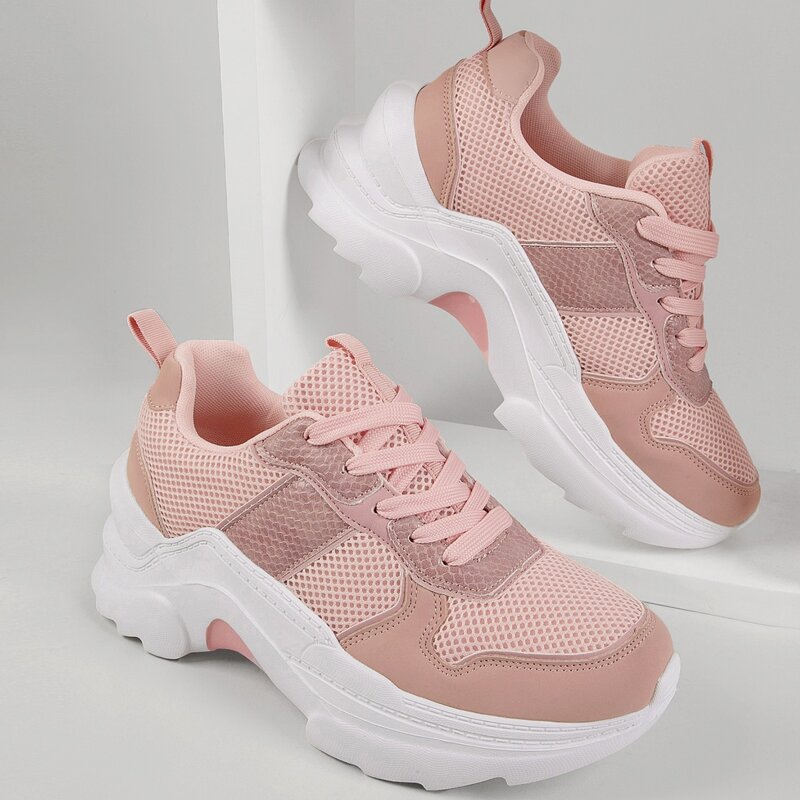 

Snakeskin Faux Leather Mesh Lace-Up Sneakers, Pink