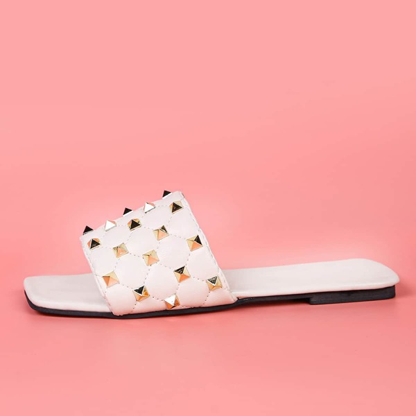 

Spiked Decor Slide Sandals, Beige