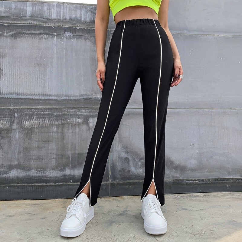 

Contrast Trim Split Front Pants, Black