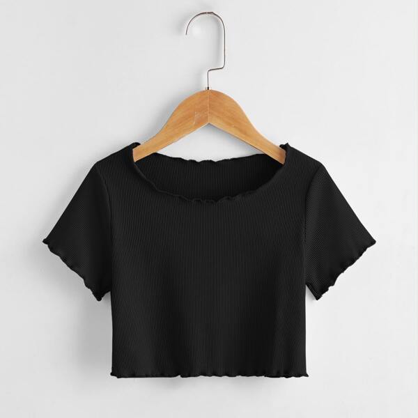 

Toddler Girls Solid Lettuce Trim Tee, Black